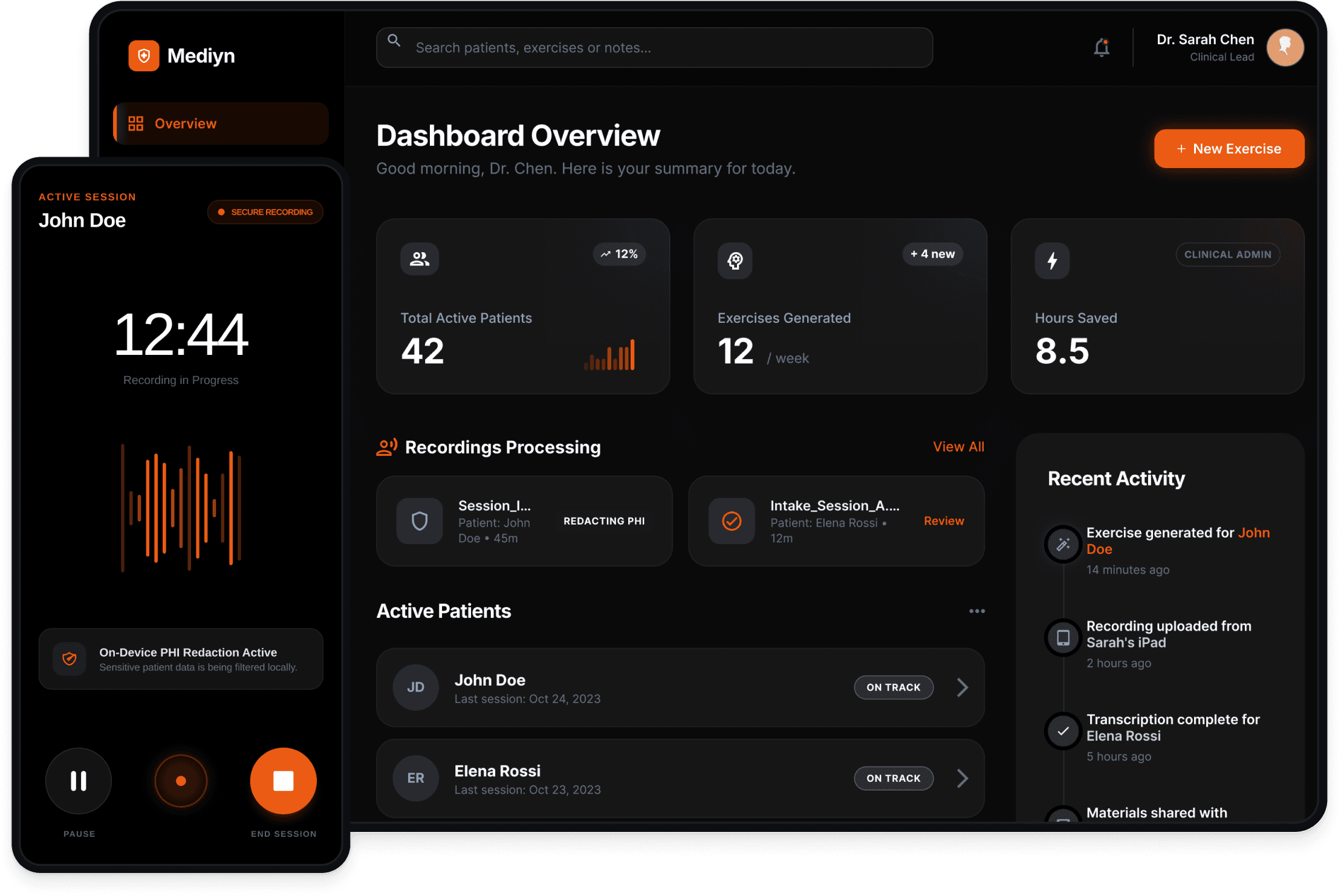 Mediyn dashboard showing patient overview, active sessions, exercise generation, and recording processing
